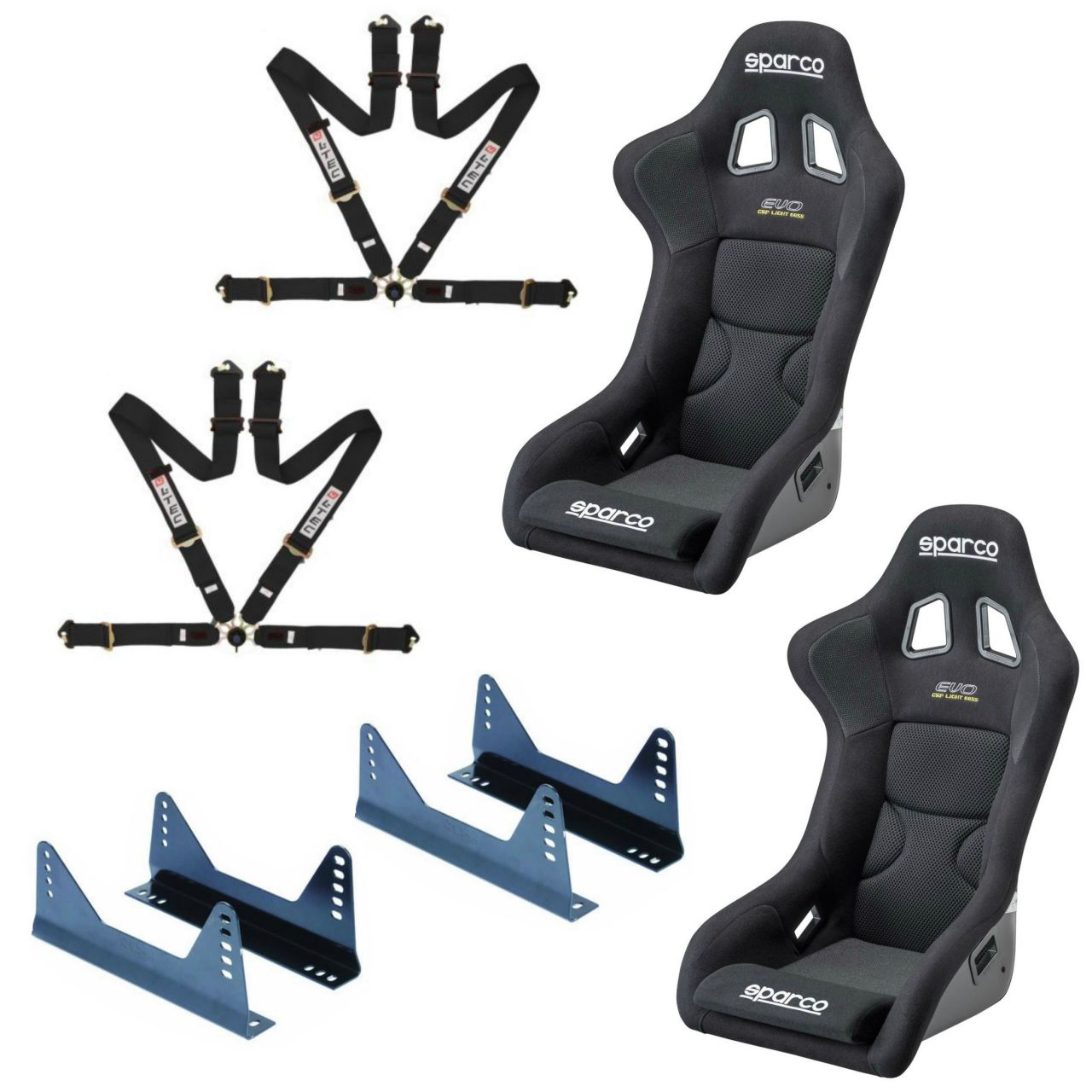 Sparco Evo FIA Bucket seats, side mounts and LTec 4 point harnesses